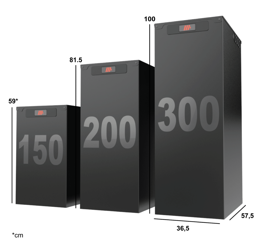 TB150-200-300 with measurements Thermische batterij beschikbaar in verschillende formaten voor diverse warmwaterbehoeften.