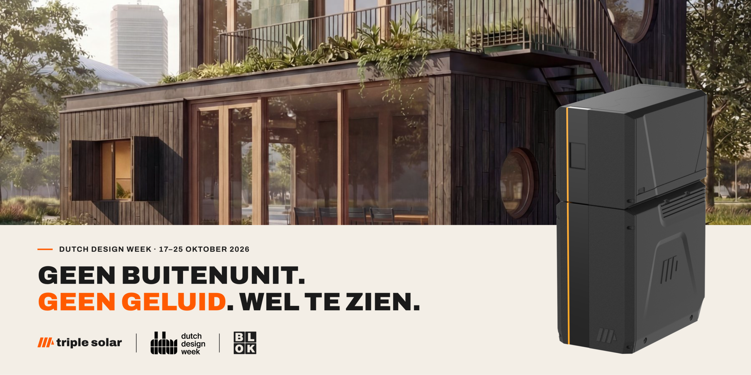 E · Websitebanner · 1600×800@2x Banner Geen buitenunit. Geen geluid. Wel te zien. BLOK architect impression en Triple Solar warmtepomp render