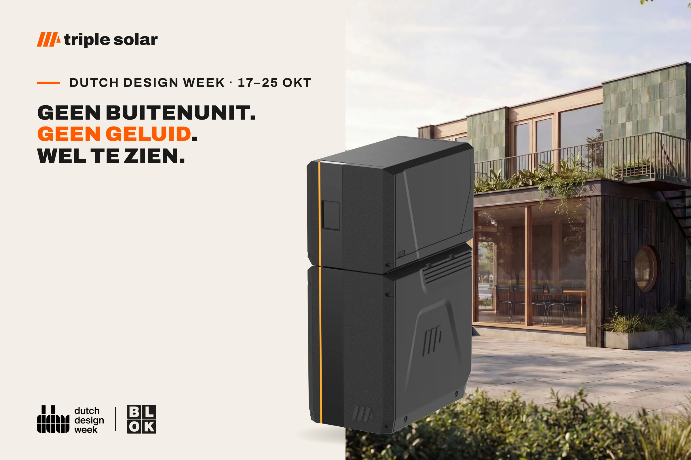 Triple Solar op Dutch Design Week, 17–25 oktober: geen buitenunit, geen geluid, wel te zien. De PVT-warmtepomp voor paviljoen BLOK.