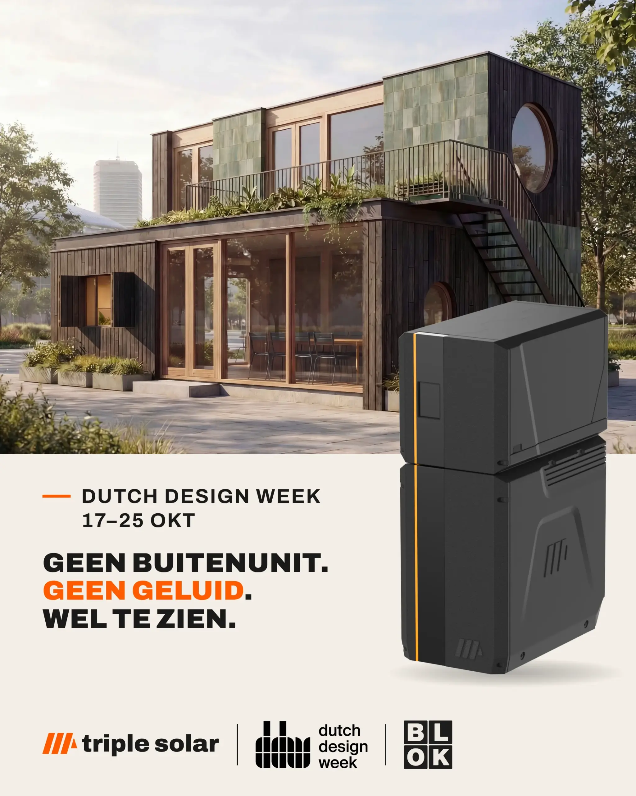 Triple Solar op Dutch Design Week, 17–25 oktober: geen buitenunit, geen geluid, wel te zien. De PVT-warmtepomp voor paviljoen BLOK.