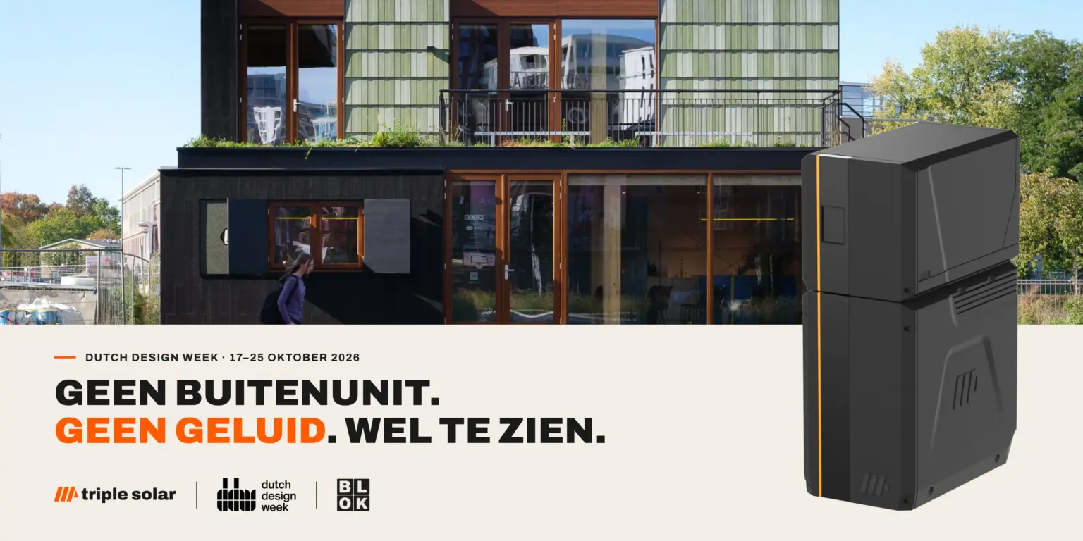 Paviljoen BLOK op Strijp-S tijdens Dutch Design Week, 17–25 oktober 2026, met de PVT-warmtepomp van Triple Solar: geen buitenunit, geen geluid, wel te zien.